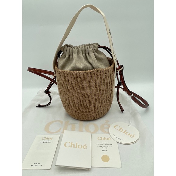 NEW CHLOE SMALL WOODY BASKET BUCKET RAFFIA STRAW SHOULDER BAG PURSE - Picture 6 of 14